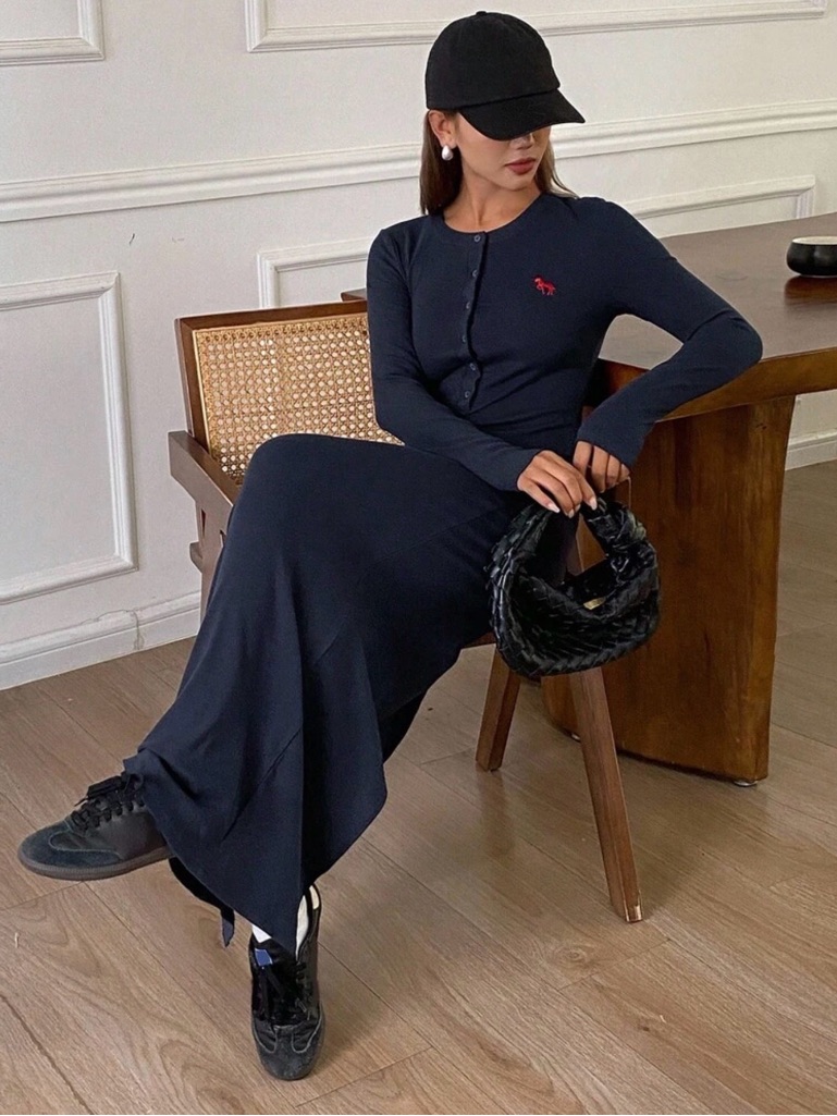Long Navy Button-Front Maxi Dress With Red Logo